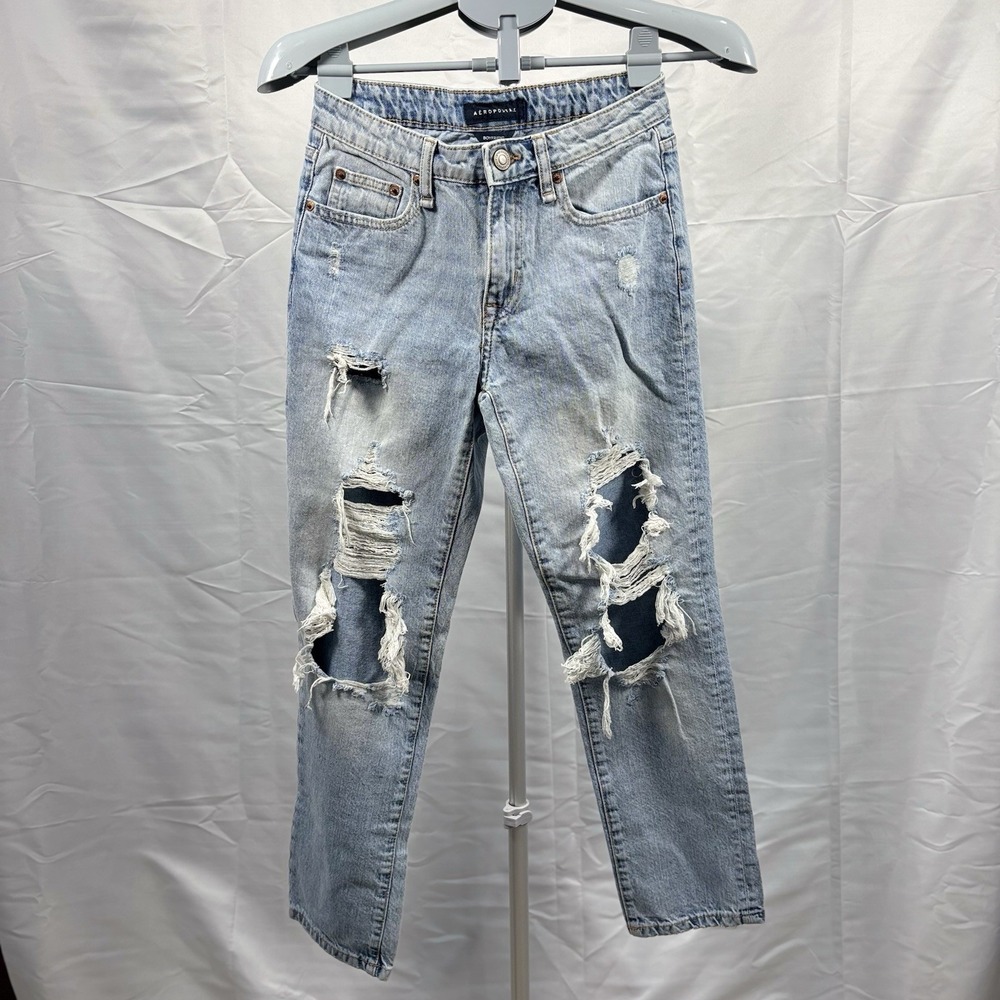 Aeropostale Womens Boyfriend Jeans Size 0 Regular Light Wash Blue Distressed